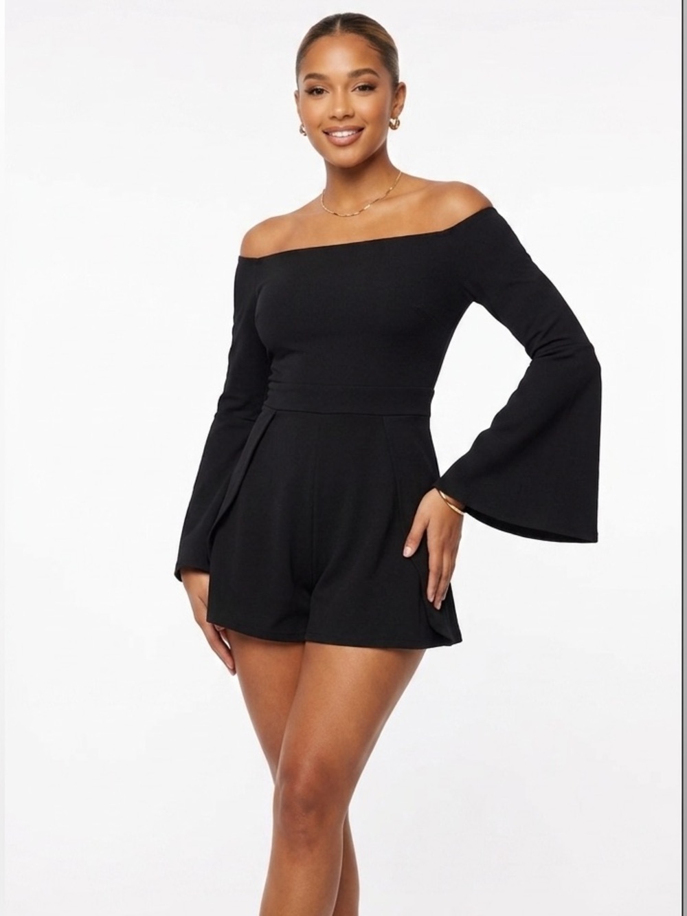 Privy Black Romper Size Small Off-Shoulder Long Bell Sleeves One-Piece